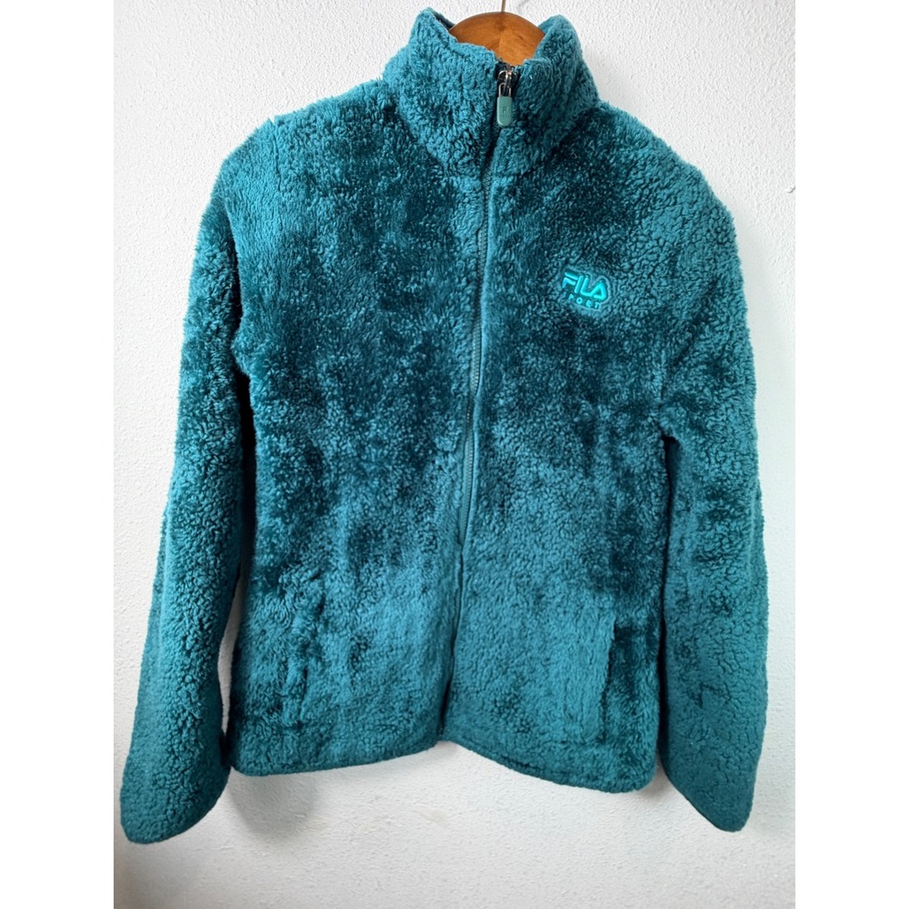 Fila Sport Womens Fleece Jacket Teal Blue Size M Full Zip Faux Fur Sherpa Cozy